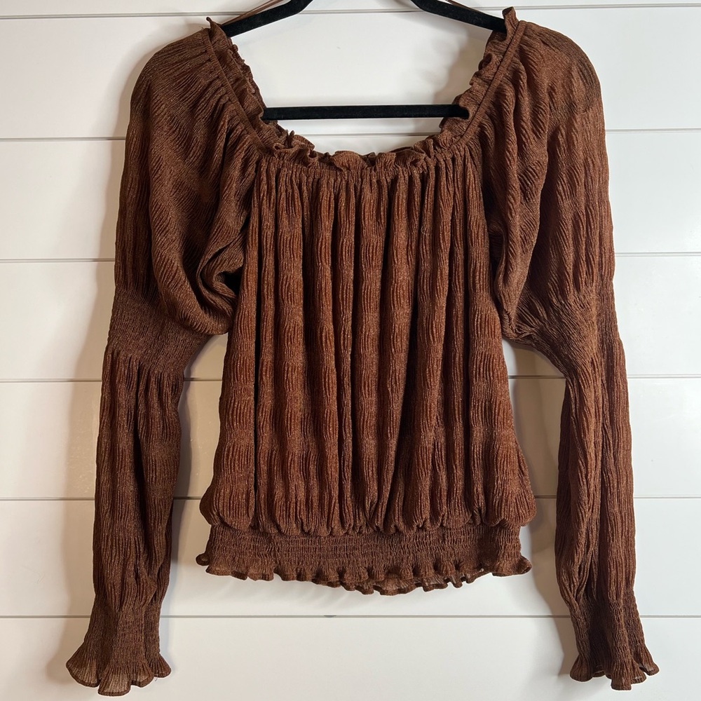 Glam Dark Brown Shiny‎ Textured Off Shoulder Elastic Waist Crop Top. Size Small.